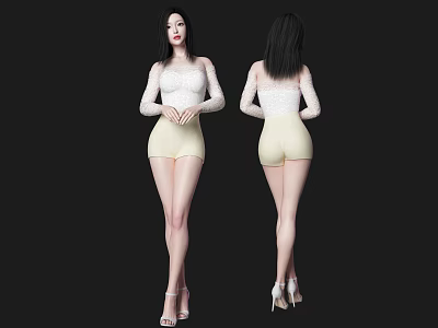 A Woman Wearing White Lace Top and Beige Shorts with High Heels Front Back Views 3d model