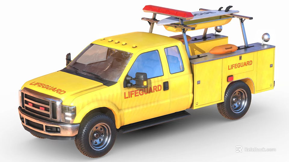 Yellow Lifeguard Truck With Surfboard And Rescue Equipment On Roof Displaying Lifeguard Logo 3d model 