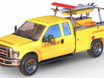 Yellow Lifeguard Truck With Surfboard And Rescue Equipment On Roof Displaying Lifeguard Logo 3d model
