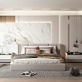 Modern Bedroom Interior Design With Marble Accent Wall Upholstered Headboard Neutral Pillows And Area Rug