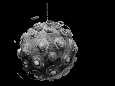 Metallic Industrial Equipment Mechanical Sphere With Hexagonal Bolts And Chain Structure Design 3d model
