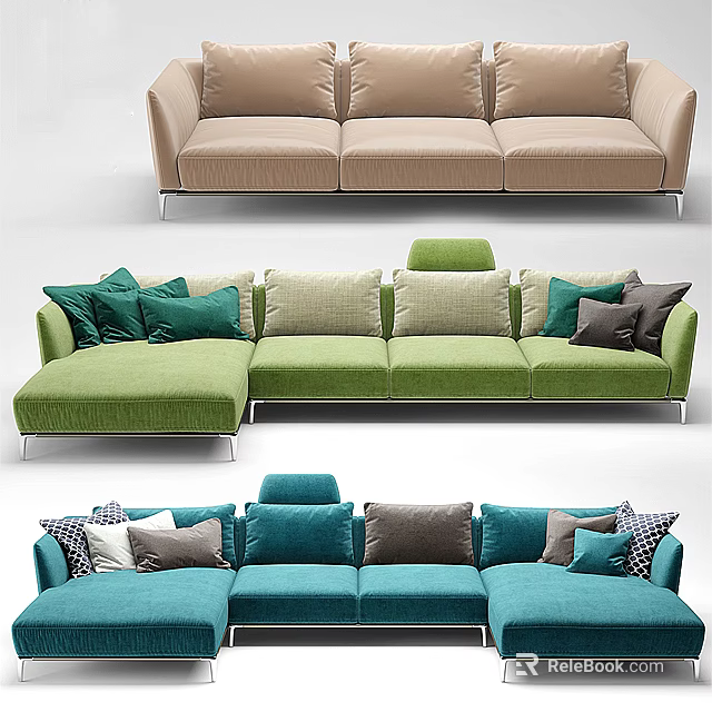 Modern Multi Colored Sofa Set Collection With L Shaped Three Seater And Various Pillows 3d model