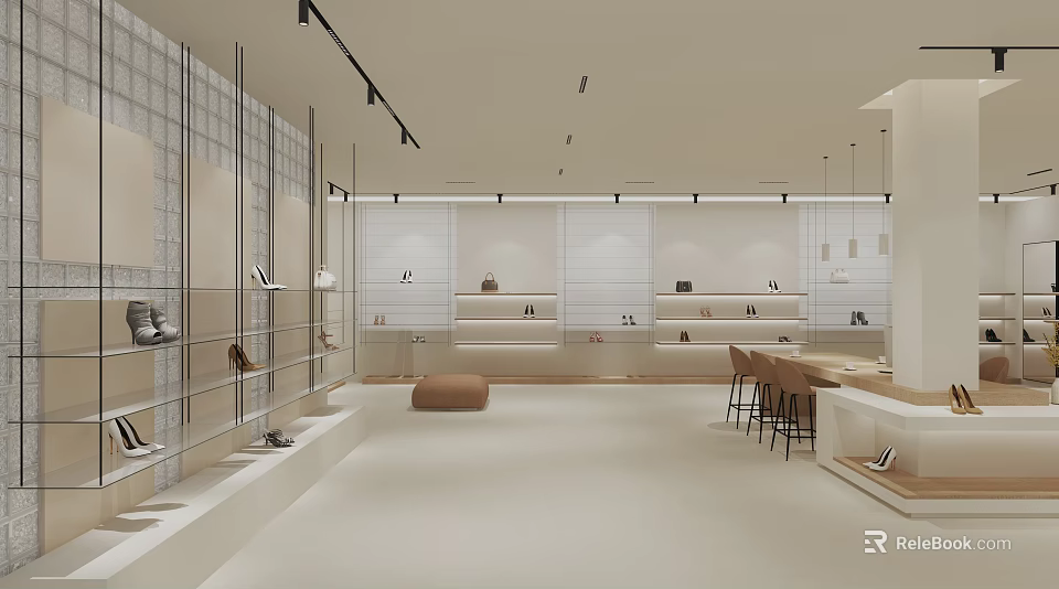 Elegant Modern Specialty Store Interior With Metal Display Shelves Open Layout And Seating Area 3d model 