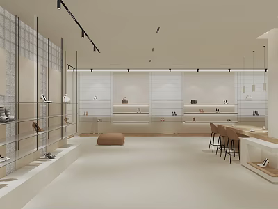 Elegant Modern Specialty Store Interior With Metal Display Shelves Open Layout And Seating Area 3d model