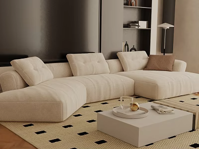 Beige Upholstered Three Seater Sofa In Living Room With Coffee Table And Decorative Items 3d model