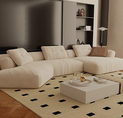 Beige Upholstered Three Seater Sofa In Living Room With Coffee Table And Decorative Items 3d model