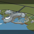 Stunning Hotel Building With Circular Structures On Waterfront And Green Landscape 3d model