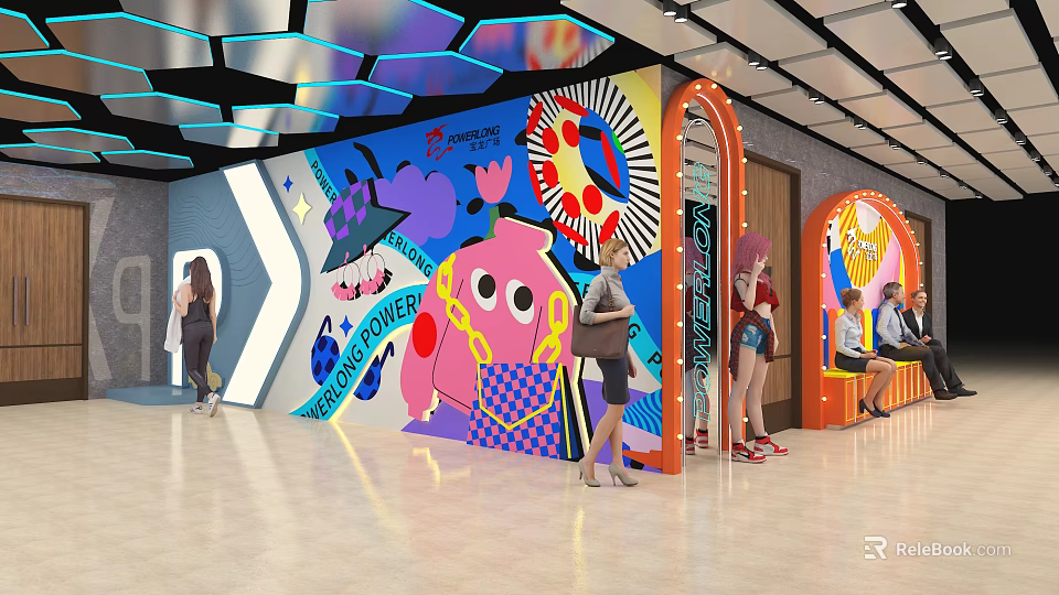 Colorful Art Mural Decorated Public Space With Archway And People Activities 3d model 