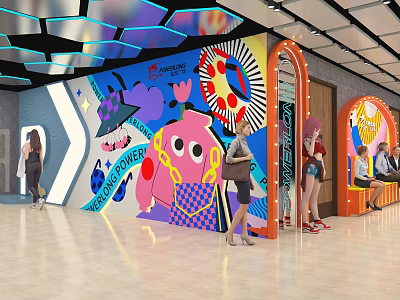 Colorful Art Mural Decorated Public Space With Archway And People Activities 3d model