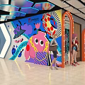 Colorful Art Mural Decorated Public Space With Archway And People Activities
