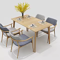 Modern Dining Table Set With Blue Gray Chairs Vase And Tableware 3d model