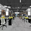 Modern Public Office Space With Open Layout Desks Computers Bookshelves And Hanging Lights