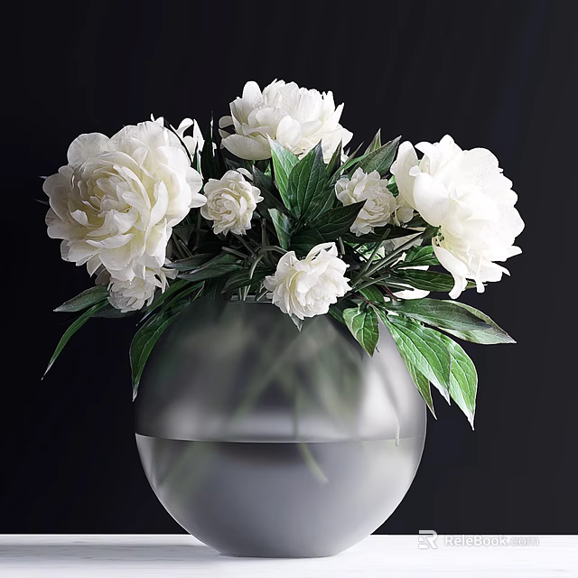 Transparent Glass Vase With White Peonies And Green Leaves On Black Background 3d model 