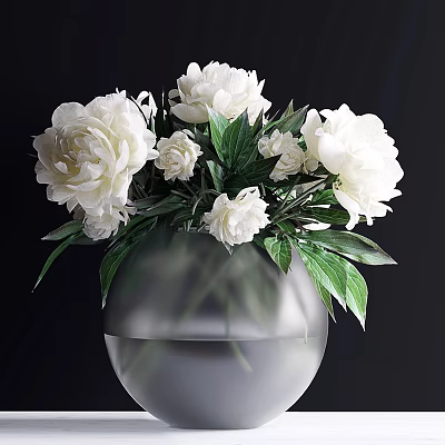 Transparent Glass Vase With White Peonies And Green Leaves On Black Background 3d model