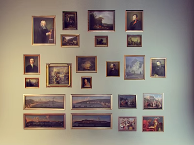 Photo Wall Featuring Various Framed Portraits And Landscape Paintings In Different Sizes 3d model