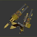 Golden Futuristic Mechanical Weapon With Barrel Gear Decorative Parts And Metallic Structure