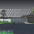 Modern Sales Office Building With Geometric Facade And Water Reflections In Landscaped Area