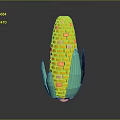 3D Blocky Yellow Corn Cob With Green Leaves And Realistic Design