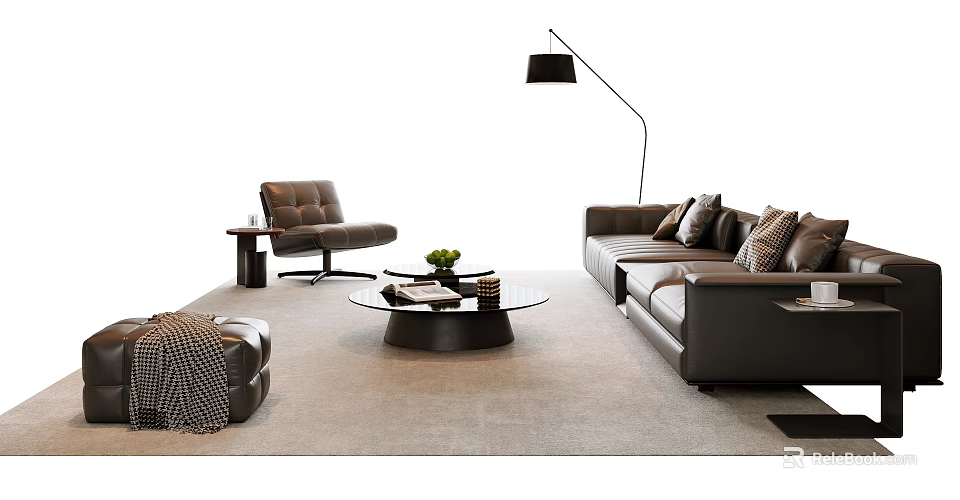 Modern Leather Sofa And Coffee Table Set With Armchair Floor Lamp And Green Plant 3d model 