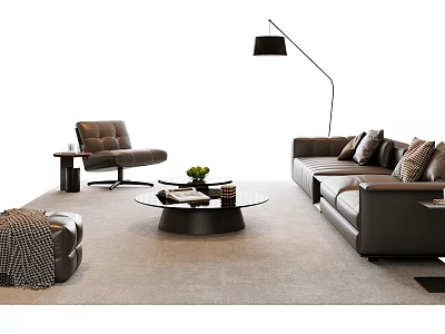 Modern Leather Sofa And Coffee Table Set With Armchair Floor Lamp And Green Plant 3d model