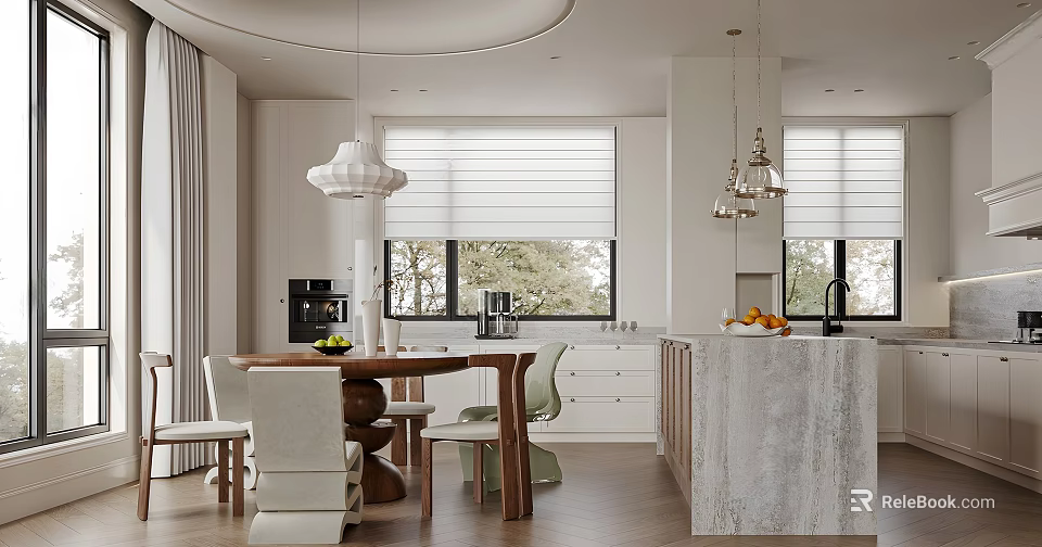 Elegant Modern Restaurant Dining Area With Wooden Table White Chairs Pendant Lights And Marble Island 3d model 