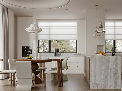 Elegant Modern Restaurant Dining Area With Wooden Table White Chairs Pendant Lights And Marble Island 3d model