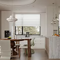 Elegant Modern Restaurant Dining Area With Wooden Table White Chairs Pendant Lights And Marble Island
