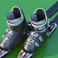Complete Sports Equipment Including Skis Ski Boots and Ski Poles on Green Background