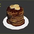 Delicious Stack of Fluffy Pancakes Topped with Banana Slices and Chocolate Syrup on White Plate