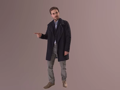 Man in dark coat gray pants brown shoes pointing to side with light brown background 3d model