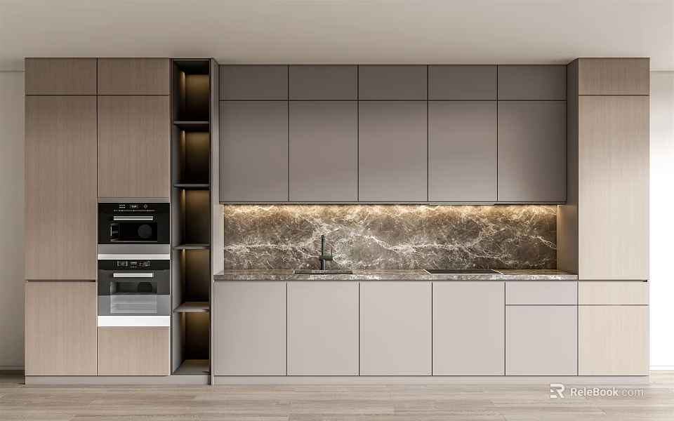 Modern Kitchen With Gray And Wooden Cabinets Marble Countertop Sink And Oven 3d model 