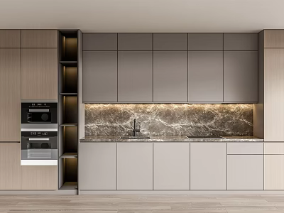 Modern Kitchen With Gray And Wooden Cabinets Marble Countertop Sink And Oven 3d model
