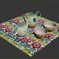 Vibrant Floral Tea Set With Teapot And Teacups On Colorful Mat