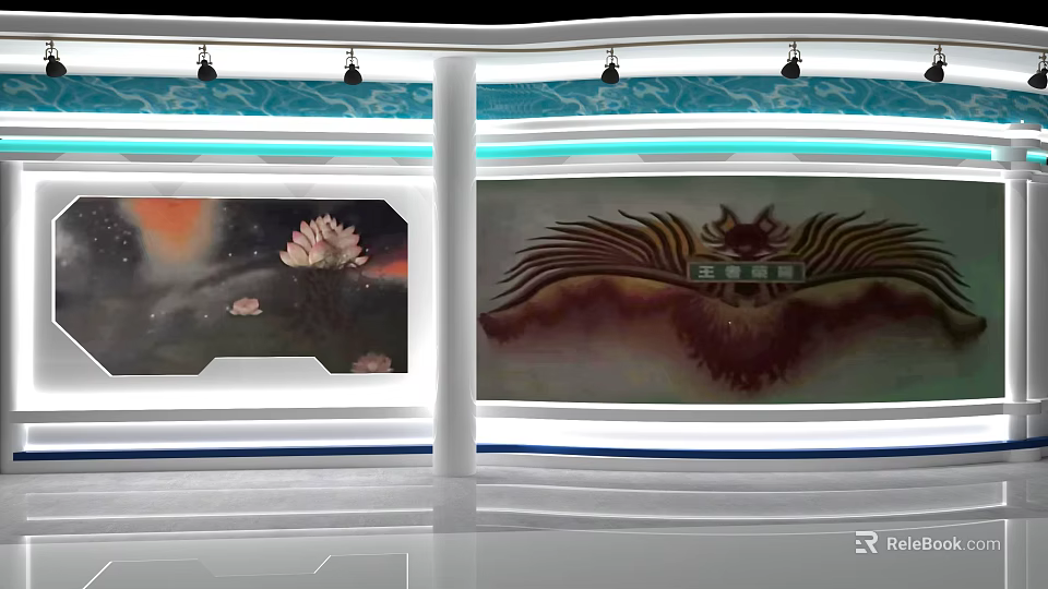 Modern Decorative Background Wall With Lotus Patterns Blue Accents And LED Lighting 3d model 