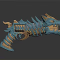 Intricate Wolf Head Design Weapon With Blue And Gold Mechanical Spikes And Gears