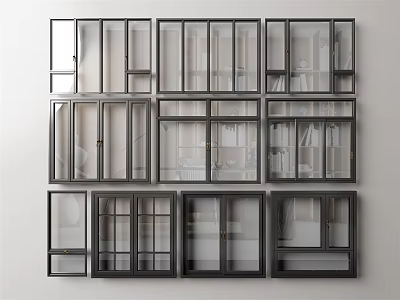 Various Styles of Modern Casement Windows with Black Frames and Transparent Glass 3d model