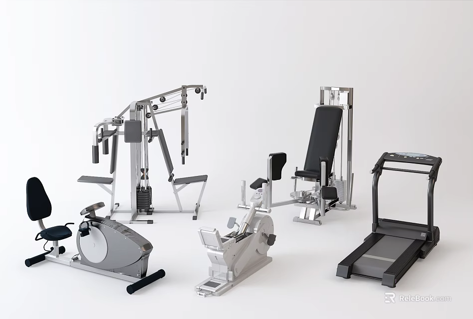 Sports Equipment Set With Treadmill Multifunctional Trainer Exercise Bike And Fitness Bench 3d model 