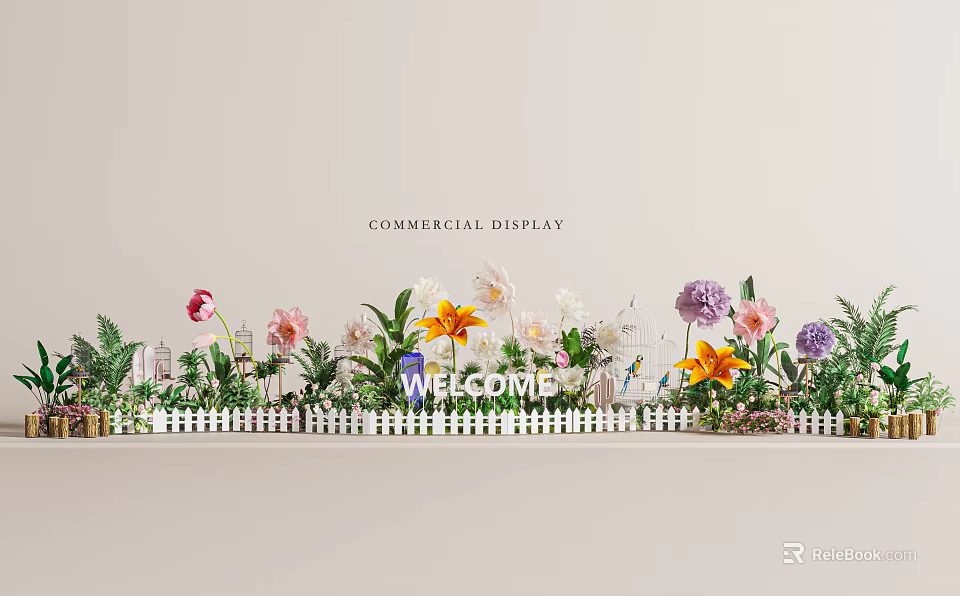 Floral Commercial Display With Welcome Sign Colorful Flowers White Picket Fence And City Skyline Elements 3d model 