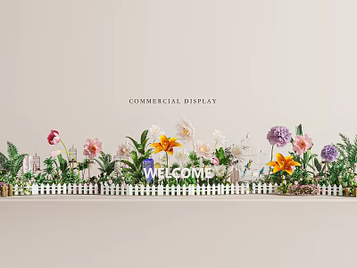 Floral Commercial Display With Welcome Sign Colorful Flowers White Picket Fence And City Skyline Elements 3d model