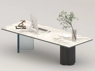 Modern Minimalist Dining Table Set With Marble Top Glass Metal Legs And Green Plant 3d model