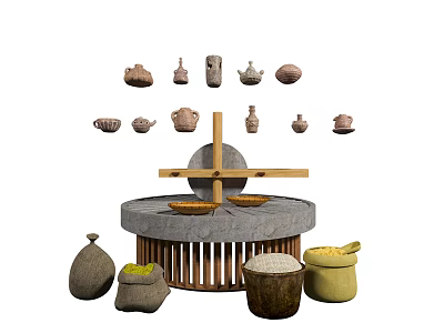 Rustic Stone Coffee Table With Wooden Cross Structure Surrounded By Clay Pots And Rice Sacks 3d model