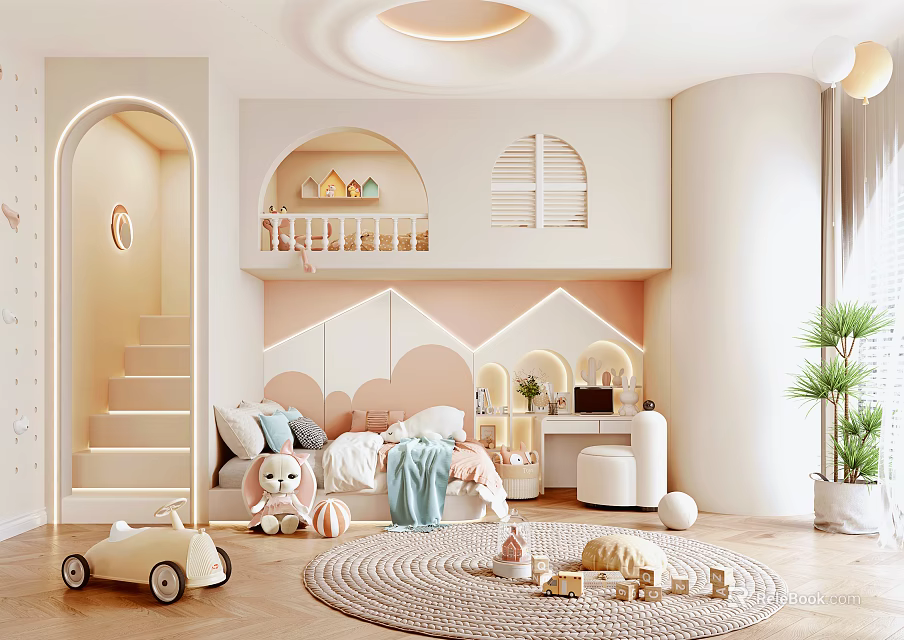 Kids Room Interior With Bunk Bed Staircase Toys Rug And Mountain Shaped Decor 3d model 