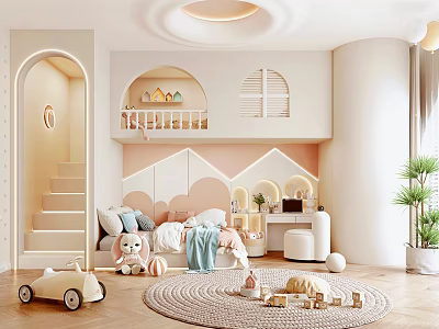 Kids Room Interior With Bunk Bed Staircase Toys Rug And Mountain Shaped Decor 3d model