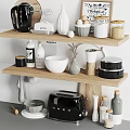 Kitchenware Display on Wooden Shelves with Coffee Maker Bowls Grinder Toaster and Olive Oil Bottles