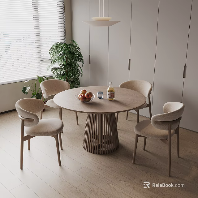 Round Wooden Dining Table with Four Light Beige Chairs Modern Interior Green Plant Window View 3d model 
