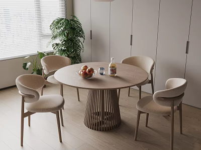 Round Wooden Dining Table with Four Light Beige Chairs Modern Interior Green Plant Window View 3d model
