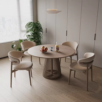 Round Wooden Dining Table with Four Light Beige Chairs Modern Interior Green Plant Window View 3d model