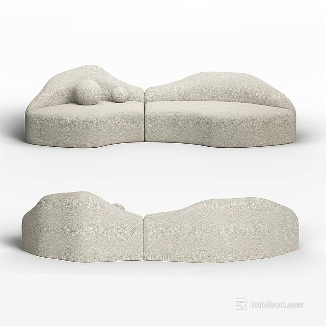 Modern Three Seater Sofa With Curved Beige Fabric Design And Soft Cushions 3d model 