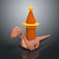 Toy Dinosaur Figure With Wooden Cone Structure And Yellow Ball Top