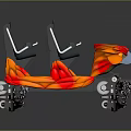 Amusement Park Ride With Four Black Seats Orange Red Wing Decorations And Mechanical Wheel Base